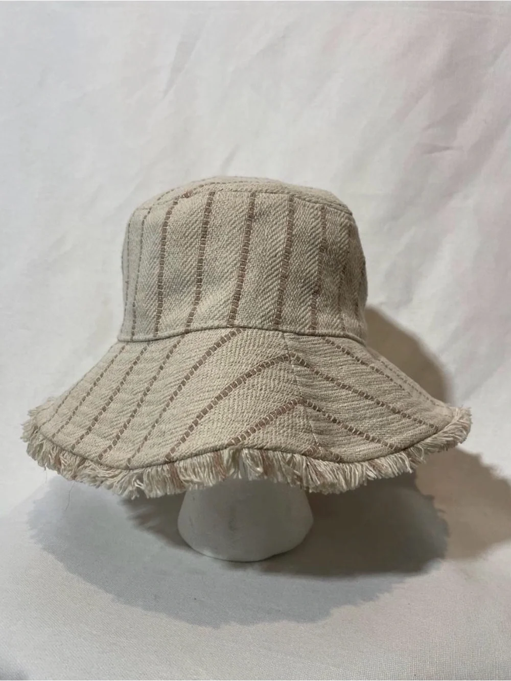 Frayed Edge Beige Striped Bucket Hat